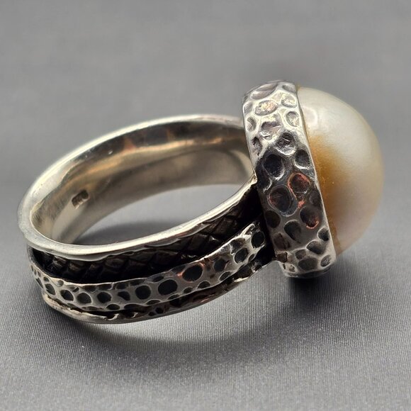 Sterling Silver Cultivated Mabe 14.8mm Pearl Ring Size 9.5 Textured Fidget 11g - Picture 4 of 11